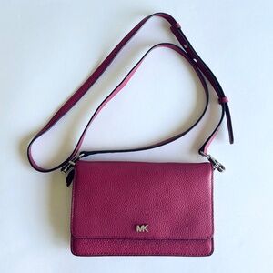Michael Kors Raspberry Pebble Genuine Leather Crossbody Strap Wallet.